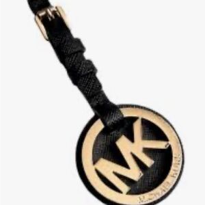 Michael Kors Black Leather and Gold Logo Charm. Key chain, key fob, bag charm.